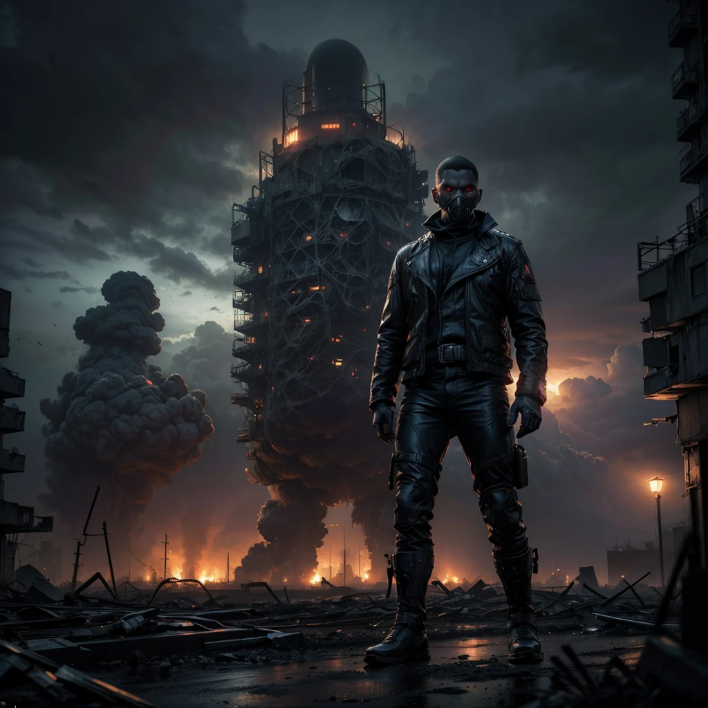 a mysterious figure, mutant due to radiation, destroyed city by atomic attack in the background, dark and sinister atmosphere, (best quality,4k,8k,highres,masterpiece:1.2),ultra-detailed,(realistic,photorealistic,photo-realistic:1.37),cinematic angle,dramatic lighting,moody lighting,dark and moody colors,gloomy,post-apocalyptic,concept art,digital art