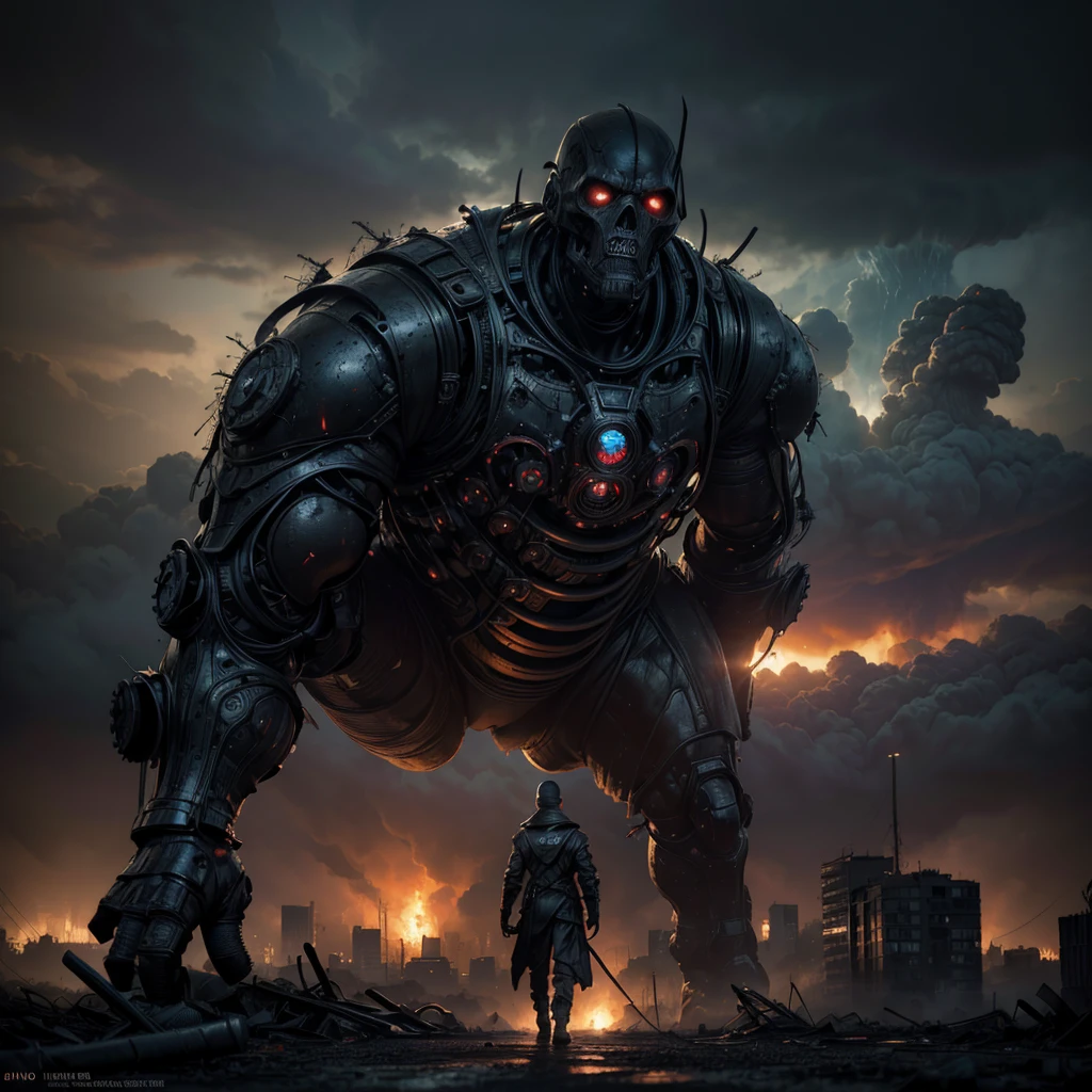 a mysterious figure, mutant due to radiation, destroyed city by atomic attack in the background, dark and sinister atmosphere, (best quality,4k,8k,highres,masterpiece:1.2),ultra-detailed,(realistic,photorealistic,photo-realistic:1.37),cinematic angle,dramatic lighting,moody lighting,dark and moody colors,gloomy,post-apocalyptic,concept art,digital art