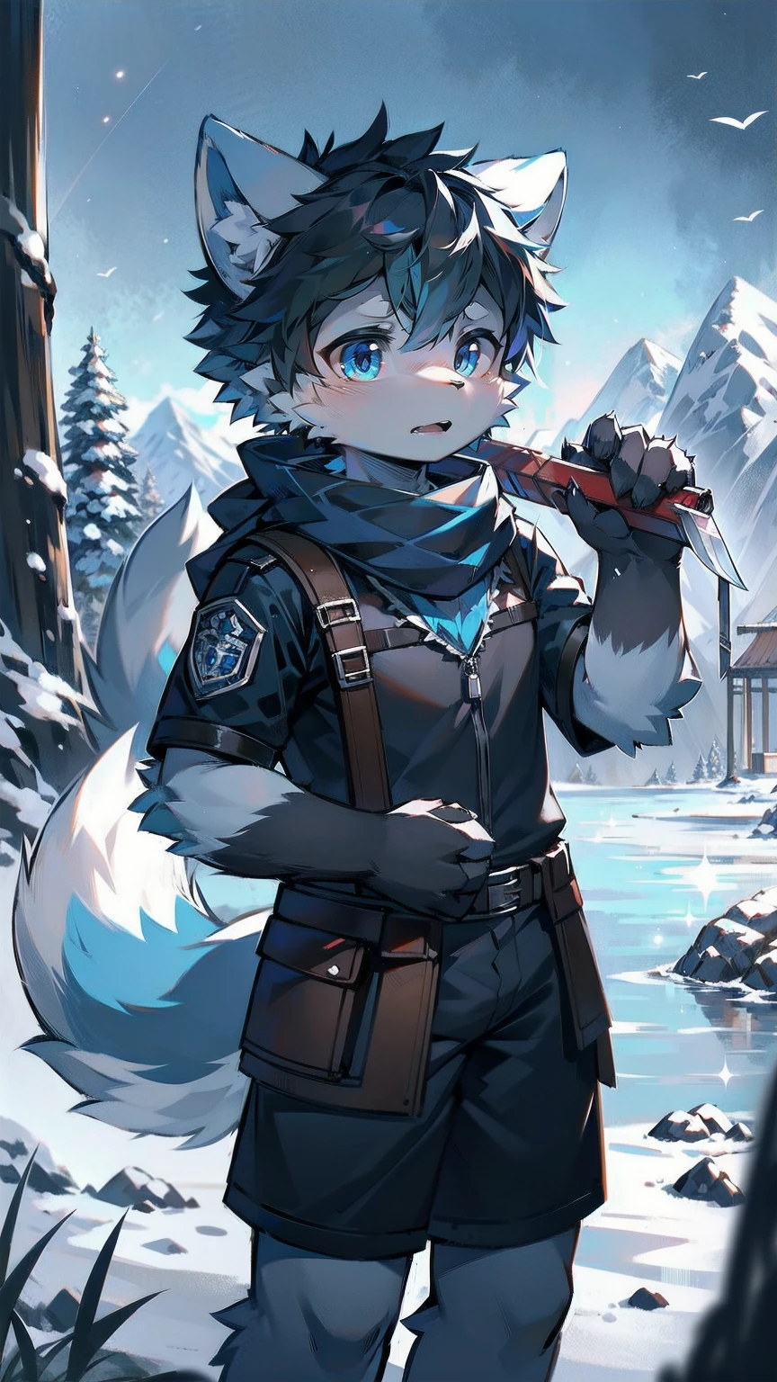 Male werewolf in black combat uniform, Blue scarf, Off-white fur, Sky blue eyes, In the snowy mountain scenery, A knife in each hand, Wolf ears, Fluffy fur, Wolf Tail, snow