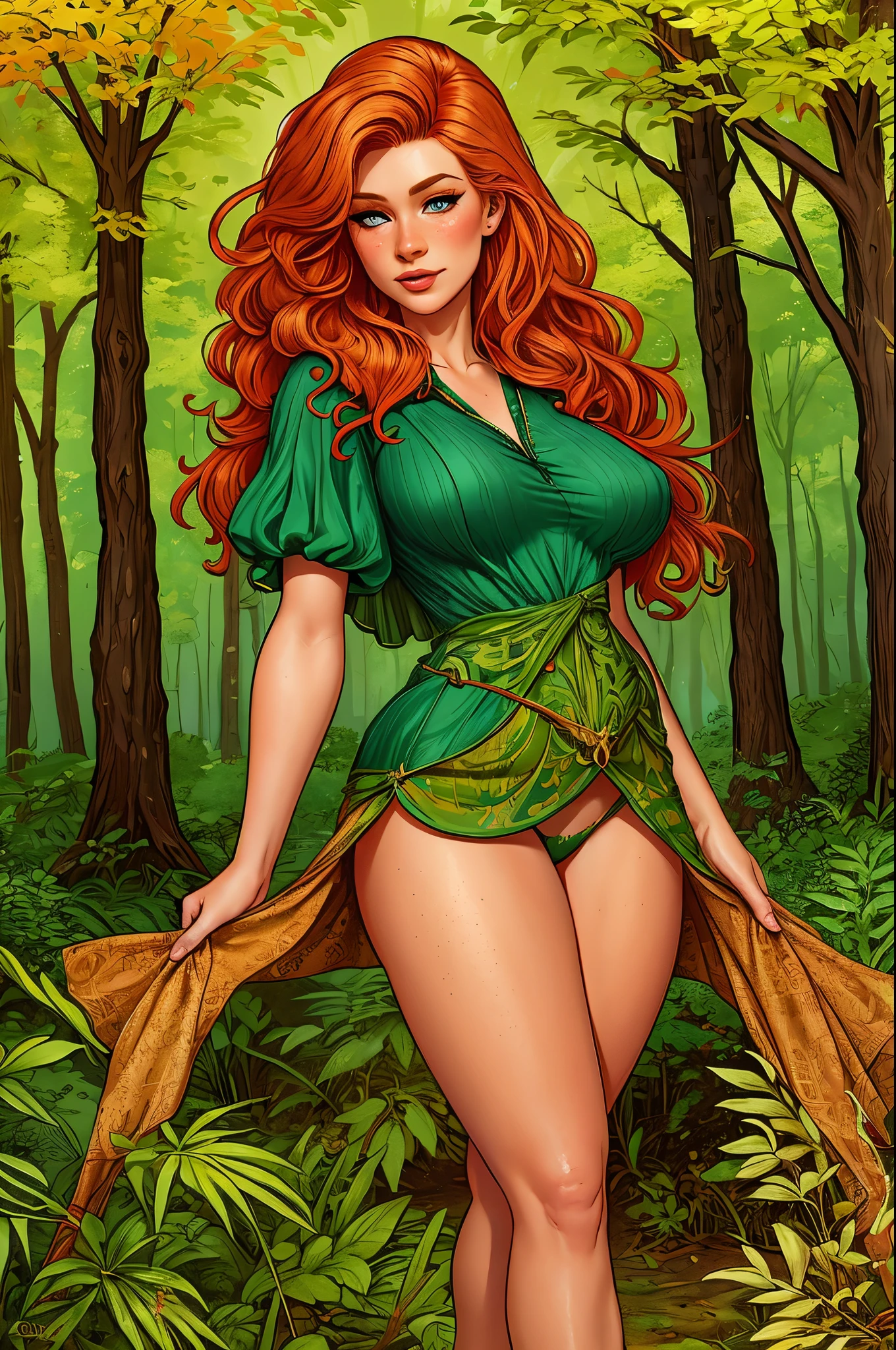 rubenesque woman, standing in a forest glade, reddish-blonde, freckles, pinup, druidess
