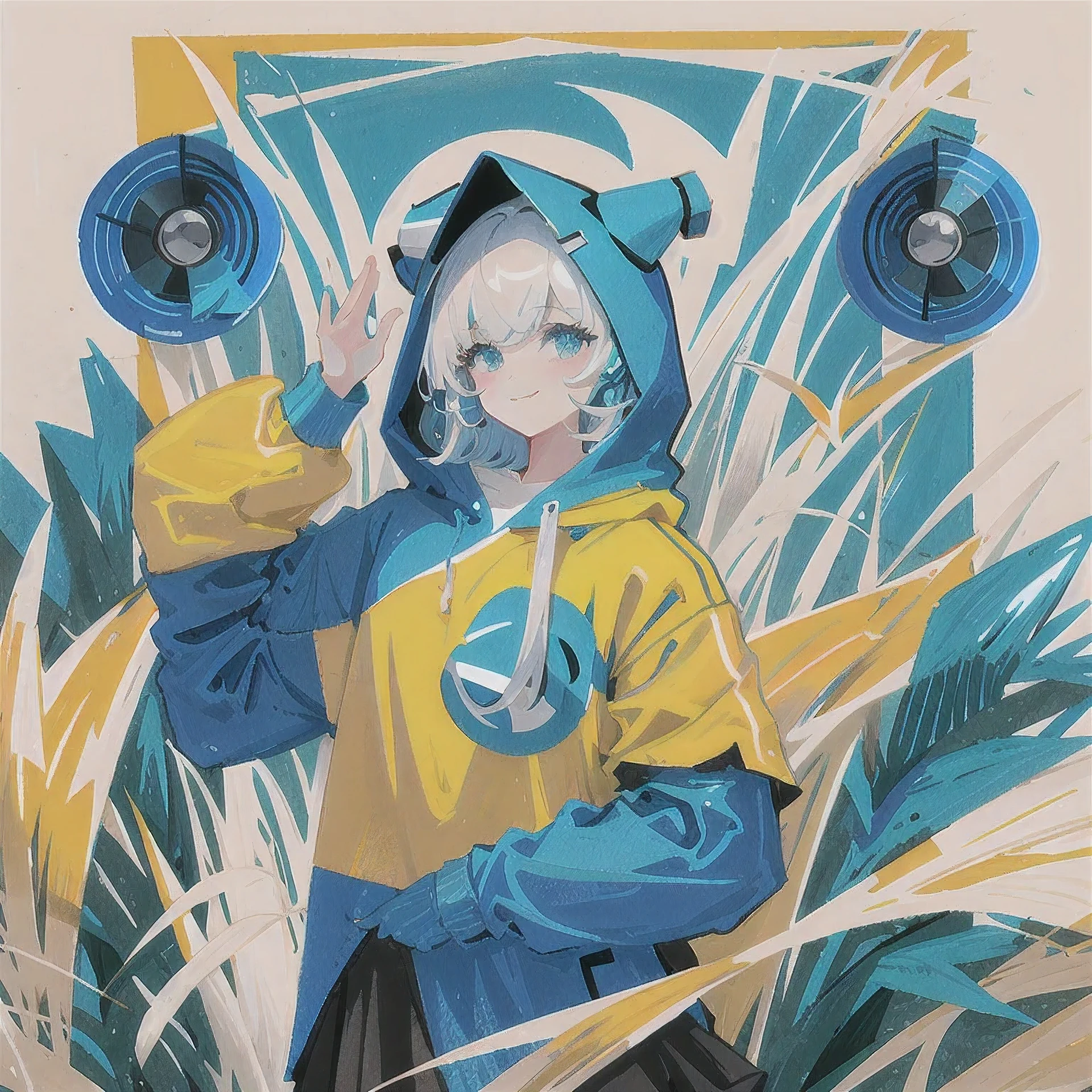 high quality、high resolution、8K. Angle from the upper left, (((One girl))), Dynamic pose, Giant Grass, Blue hoodie, Upper Body, ((Big loudspeaker)), Sly Smile, stamp, Flat Color, Minimal, Simple Background, White Background, Blue background,