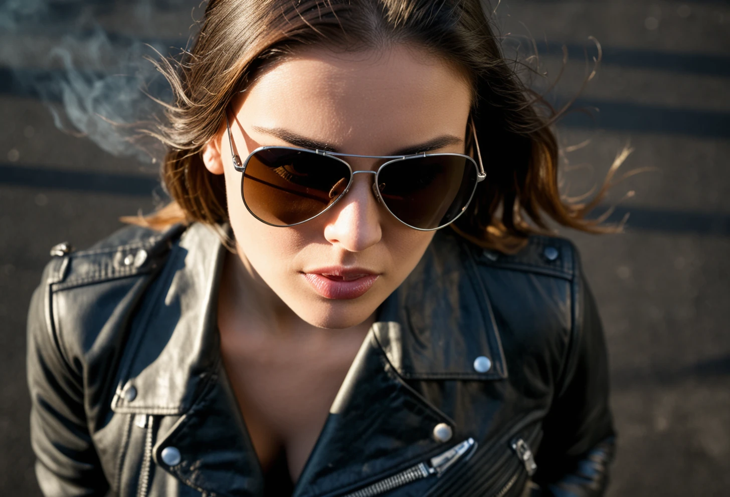 The image features a close-up from high angle above of a woman wearing sunglasses and a leather jacket. The woman is looking down at something. The sunglasses are dark and the woman's face is partially obscured by them. The background of the image is dark and smoky, which adds to the overall mood of the scene. The woman's attire, including the leather jacket, suggests that he might be in a professional or high-stakes environment. 1girl, female focus, solo, sunglasses, jacket, leather jacket