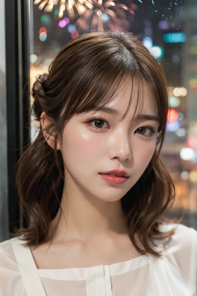 (masterpiece:1.3), high resolution, ultra detailed, extremely detailed CG unity 8k wallpaper, realistic, photo-realistic, RAW photo, beautiful detailed face, pale skin, realistic glistening skin, detailed cloth texture, detailed hair texture, Perfect body, Beautiful Face, accurate, Anatomically correct, Highly detailed face and skin texture, natural neck length, (beautiful hands), (fair skin:1.1), (well-aligned teeth:1.1), (Sweaty skin:1.2), baby face,
BREAK, 
Detailed eyes, symmetric eyes, Light Brown eyes, Double eyelids, Thin eyebrows, (Glossy lips:1.4), ((A face with waiting for a kiss:1.2)), (blush:1.1), (A sparkling small hair accessory:1.1), (beautiful smile:1.1)
BREAK, 
(A classy and Cute girl:1.3), (nude, nsfw, nipple, navel:1.2), 
BREAK, 
medium large breasts, slender figure, firm abs, 
((updo hairstyle, Dark blonde hair, wavy hair, long hair, asymmetric bangs:1.2)),  (cowboy shot:1.2), (looking at viewer), From above, 
BREAK, 
((Sitting on bed of hotel)), (((A view of town outside the window at morning:1.3))),