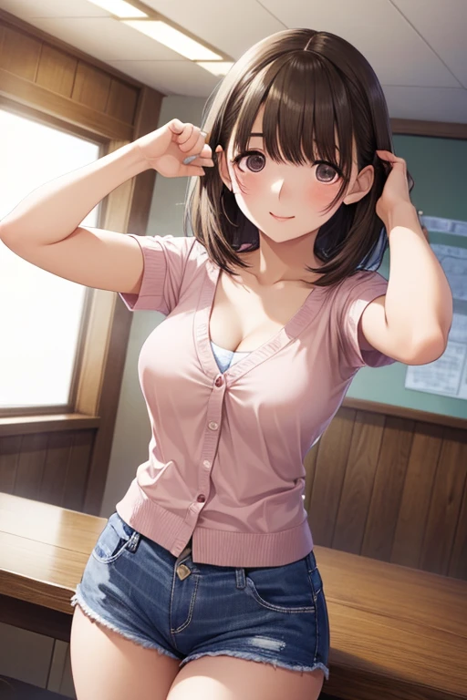 nsfw、

anegasaki nene、Shiny brown hair, short hair, Beautiful brown eyes、smile、Sparkling eyes, (Fine grain)、Ultra-detailed eyes、Highly detailed face, Highly detailed eyes,

((Tabletop, 最high quality, High resolution, Hmph, Pixel perfect, 4K, Hmph, Hmph))), (high quality, High resolution, Fine details), ((最high quality、masterpiece:1.3))、


break wearing pink bra, cardigan, Short shorts,
break indoors, classroom,
break looking at viewer, (Cowboy Shot:1.5),Underarm,Raise your arms,魅惑的なsmile,
break (masterpiece:1.2), 最high quality, High resolution,Browsing Caution ,unity 8k wallpaper, (figure:0.8), (Beautiful attention to detail:1.6), Highly detailed face, Perfect lighting, Highly detailed CG, (Perfect hands, Perfect Anatomy),, Selfie