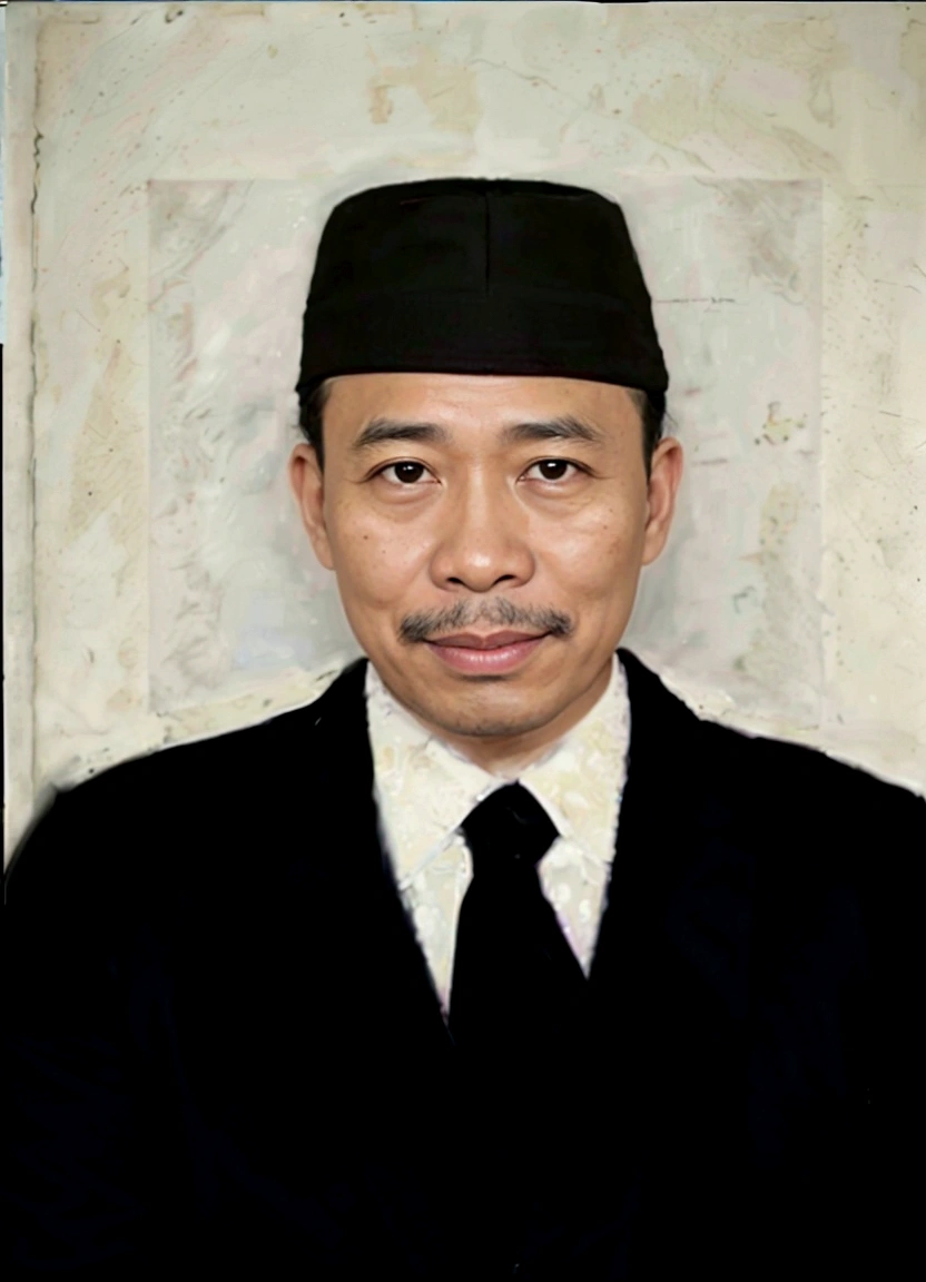 there is a man in a black suit and a black hat, inspired by I Ketut Soki, inspired by Basuki Abdullah, raden saleh, full protrait, by I Ketut Soki, ramil sunga, digital art but photo, jokowi, academy headmaster, mohamed chahin, photoshopped, inspired by Bohumil Kubista
