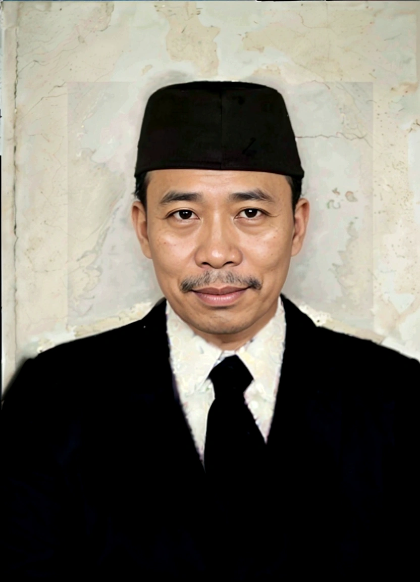 there is a man in a black suit and a black hat, inspired by I Ketut Soki, inspired by Basuki Abdullah, raden saleh, full protrait, by I Ketut Soki, ramil sunga, digital art but photo, jokowi, academy headmaster, mohamed chahin, photoshopped, inspired by Bohumil Kubista