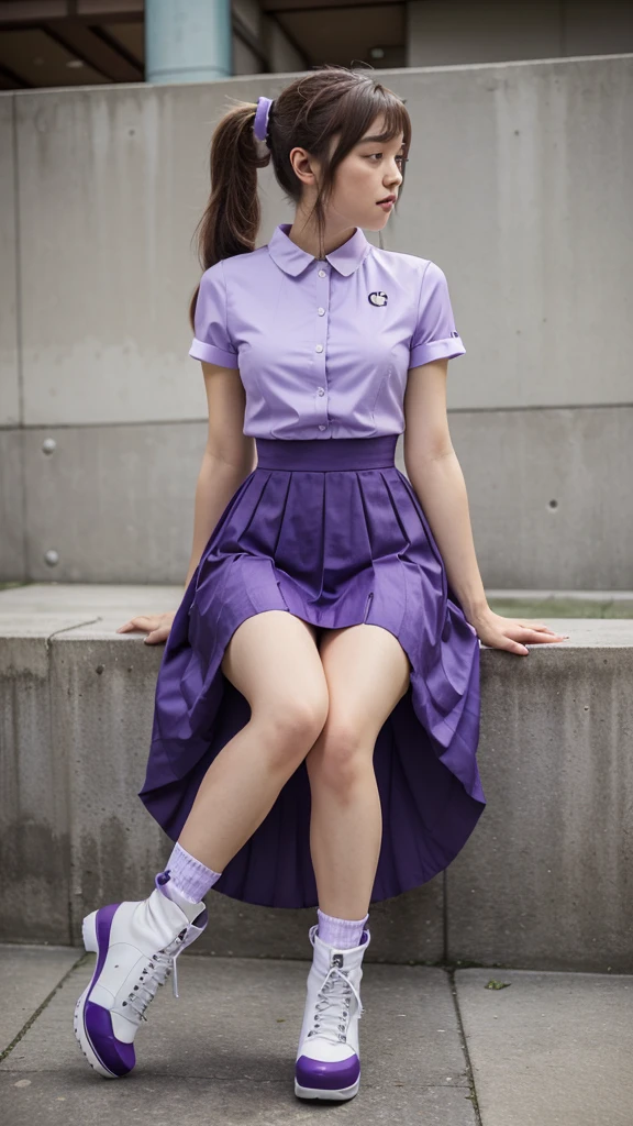 ((masterpiece, best quality))1girl, solo, fashion purple dress modern future, electric guitar, headphones, ponytail, holding, holding plectrum, instrument, very very long brown hair, music, one side up, teal hair, twin tails, playing guiter, pleated long skirt fashion, fashion cosplay japan dress modern purple and white, interior, full body, purple, sit down in retro classic chair, walking, jumping, beautiful boot modern, background japan city,  fashion costume cosplay japan modern, execited, dance, jumping, running, fighting