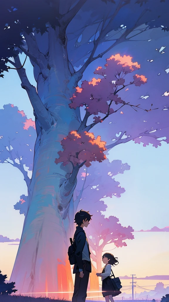 a painting of a tree and a boy stand near the tree and a house in the sky by Makoto Shinkai, cgsociety, neo-romanticism, anime aesthetic, wallpaper, anime