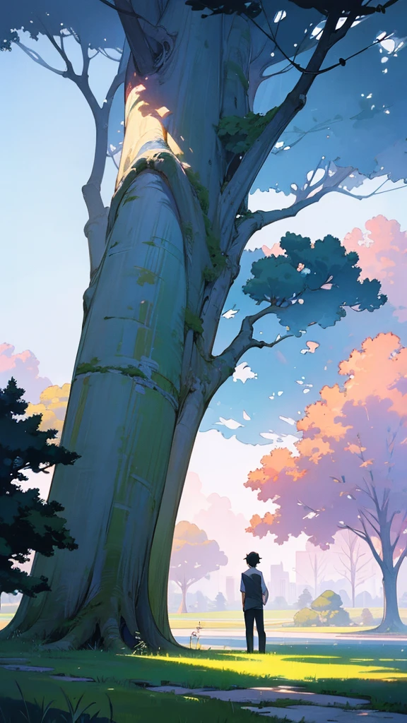 a painting of a tree and a boy stand near the tree and a house in the sky by Makoto Shinkai, cgsociety, neo-romanticism, anime aesthetic, wallpaper, anime