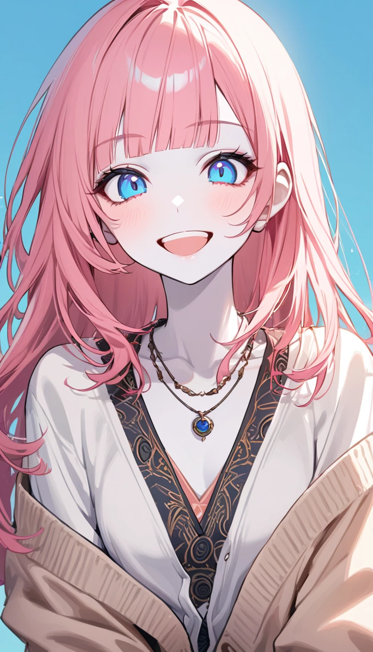 LightBlue background,beautiful, female, happy, smiling, looking at viewer, long hair, hime cut, spiked hair, pink hair, blue eyes, big eyes, pale skin, detailed skin, detailed face, tall, skinny, cardigan, off shoulder, necklace, 30-year-old, japanese,

