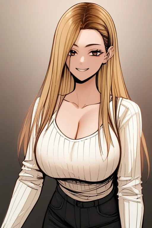 score_9, score_8_Excellent, score_7_Excellent, Hello、he, Brown eyes, blonde, Multicolored Hair, Long Hair,Long sleeves Round neck,White ribbed camisole、Black shorts、Are standing,Big Breasts、One Girl、smile