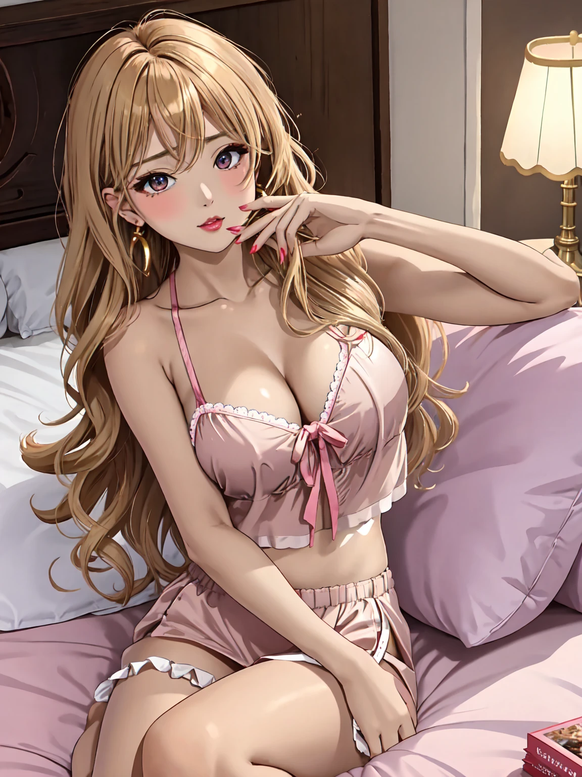 Extreme intimate close-up glamour shot of a gyaru girl from early 2024s Japanese gyaru magazine AGEHA, at night in her dimly lit bedroom - her face illuminated by the soft glow of LED lamps and candles, long blonde hair with brown streaks styled in tousled waves, smokey eye makeup with thick winged eyeliner and glossy nude lips, dark sculpted eyebrows, deeply tanned glowing bronzed skin, wearing a skimpy hot pink satin camisole top with lacy trim showing off cleavage and underboob, a tiny matching satin thong riding low on her hips, large hoop earrings and arm stack of bangles in view, posing seductively on unmade satin sheets with one lace garter strap strap visible, glossy fashion magazines and snacks strewn about the background, clutching a designer quilted yoshikon bag in foreground