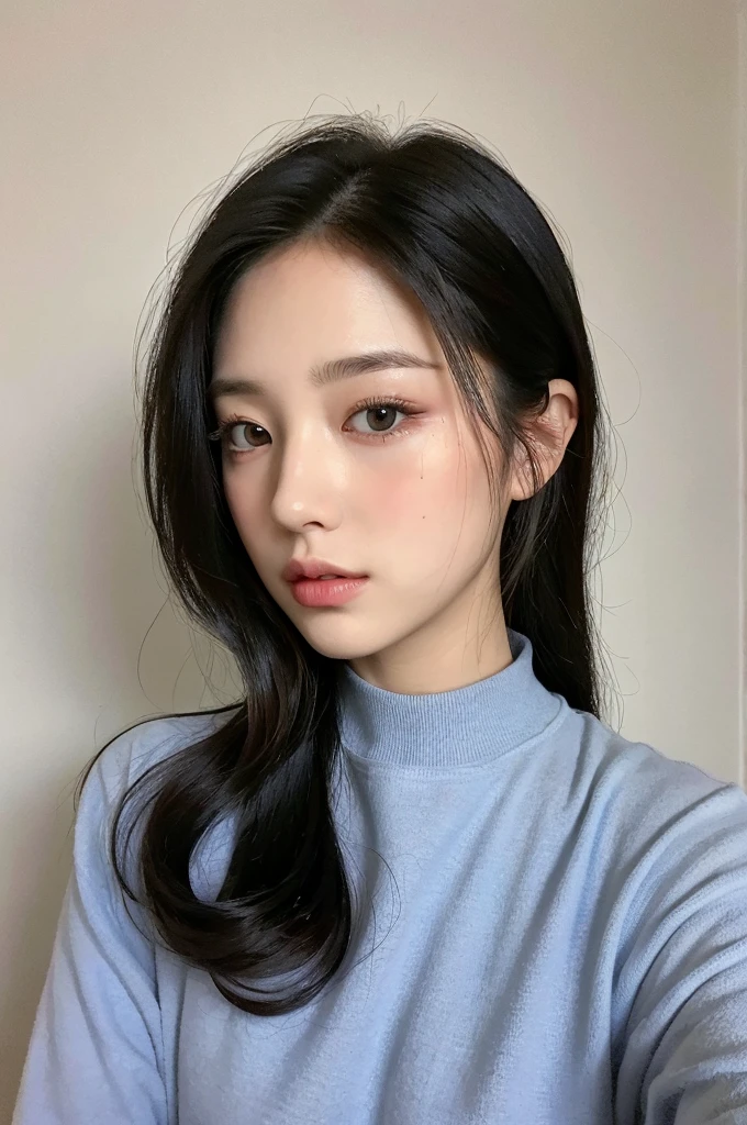((best quality, 8K, masterpiece :1.3)), 1 Cute girl, young, Cute and cute face, Black Hair, Tie your hair up, Oversized Boyswear, Aesthetic selfies, Ultra-fine face, Big breasts are extremely perfect, Delicate eyes, Double eyelids, big eyes, Straight nose, Long eyelashes, Detailed eyelashes, V-Shaped Face, Random pose, aesthetic posture, (Random aesthetic background)