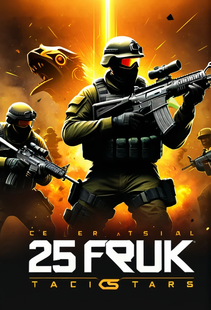 Prompt: Create a celebratory poster for the 25th anniversary of the Counter-Strike franchise, a game created by Valve that has significantly impacted the history of first-person shooters (FPS). The poster should have a dynamic and visually striking design, highlighting iconic elements from the game series.

Style and Details:

	•	Central focus on a group of classic Counter-Strike characters in dynamic action poses, including counter-terrorists and terrorists.
	•	Background featuring a montage of iconic maps and locations from various iterations of the game, such as Dust II, Nuke, and Inferno.
	•	Use of bold and vibrant colors, including the signature Counter-Strike palette of greens, yellows, and blacks.
	•	Incorporate the Counter-Strike logo prominently, along with the Valve logo, emphasizing the game’s developer.
	•	Include a large “25 Years” text in a modern, sleek font to mark the anniversary.
	•	Elements of explosions, bullet casings, and tactical gear to add intensity and excitement to the composition.
	•	High-quality, ultra-detailed rendering with a mix of realism and stylized graphics that reflect the evolution of the game’s visuals over the years.
	•	Include the tagline “Celebrating 25 Years of Tactical Excellence” at the bottom of the poster.

Additional Elements:

	•	Subtle references to key moments and achievements in the game’s history.
	•	Incorporate dynamic lighting and shadow effects to create depth and drama.
	•	The overall style should evoke a sense of nostalgia while also looking forward to the future of the franchise.

Example Layout:

	•	Central characters in action at the forefront.
	•	Background montage of maps and locations.
	•	Prominent “25 Years” text and logos.
	•	Tagline at the bottom.
	•	Explosions, bullet casings, and tactical gear elements throughout.