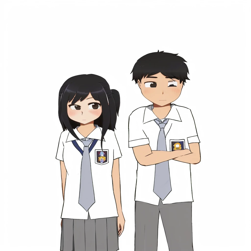 cartoon of a boy and girl in school uniforms standing next to each other, wearing school uniform, wearing a school uniform, jk uniform, , wearing japanese , two characters, japanese , boy and girl, with two characters, japanese high school, school class, in anime style, standing in class, girl wearing uniform, uniform background