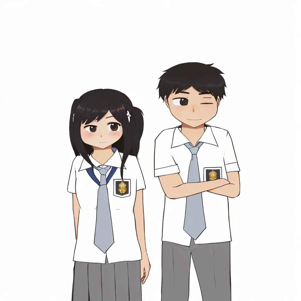 cartoon of a boy and girl in school uniforms standing next to each other, wearing school uniform, wearing a school uniform, jk uniform, , wearing japanese , two characters, japanese , boy and girl, with two characters, japanese high school, school class, in anime style, standing in class, girl wearing uniform, uniform background