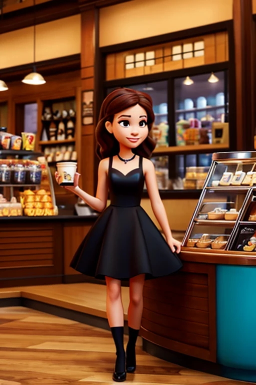 Disney Pixar Cartoon, woman, coffee shop, black dress