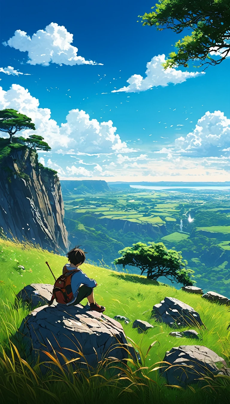 a boy sitting under a tree near a cliff in a meadow , seeing a vast blue sky with fluffy clouds and brush strokes , tall grasses stones, , makoto shinkai cyril rolando, anime art wallpaper 4k, anime art wallpaper 4k, animated background, anime art wallpaper 8K, animated background art, Anime Landscape Wallpaper, amazing wallpaper, HD wallpaper, 4k anime wallpaper, 4k anime wallpaper, Aries Moross art,art by Bob Byerley , AshleyWoodArtAI, greg rutkowski