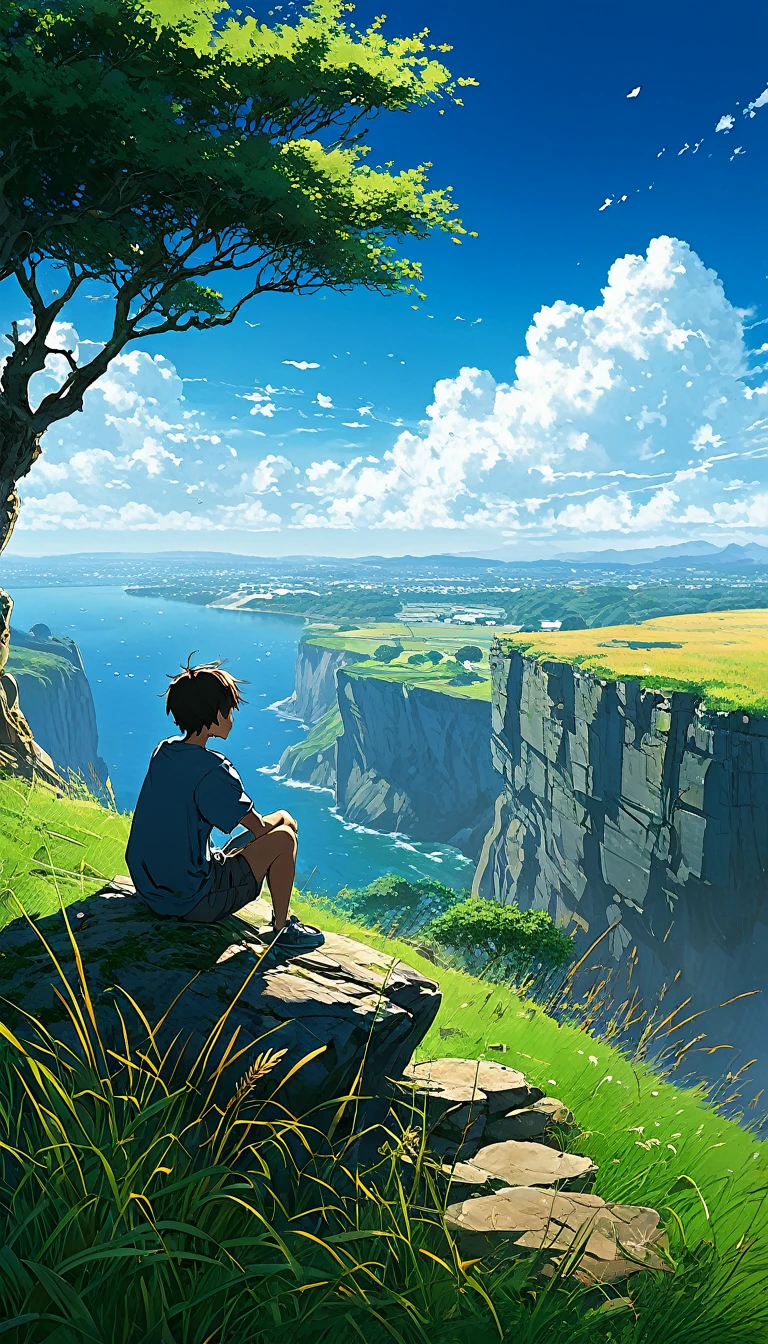a boy sitting under a tree near a cliff in a meadow , seeing a vast blue sky with fluffy clouds and brush strokes , tall grasses stones, , makoto shinkai cyril rolando, anime art wallpaper 4k, anime art wallpaper 4k, animated background, anime art wallpaper 8K, animated background art, Anime Landscape Wallpaper, amazing wallpaper, HD wallpaper, 4k anime wallpaper, 4k anime wallpaper, Aries Moross art,art by Bob Byerley , AshleyWoodArtAI, greg rutkowski