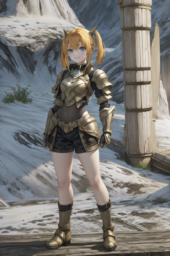 One girl, l2gnome, gnome, View your viewers, smile, blue eyes, armor, (Highest quality: 1.3), (masterpiece: 1.3), Mid-chest, close,Twin tails、Yellow Hair