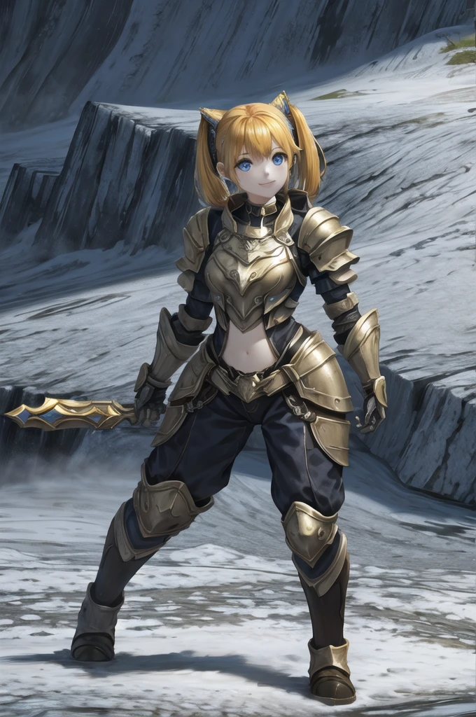 One girl, l2gnome, gnome, View your viewers, smile, blue eyes, armor, (Highest quality: 1.3), (masterpiece: 1.3), Mid-chest, close,Twin tails、Yellow Hair