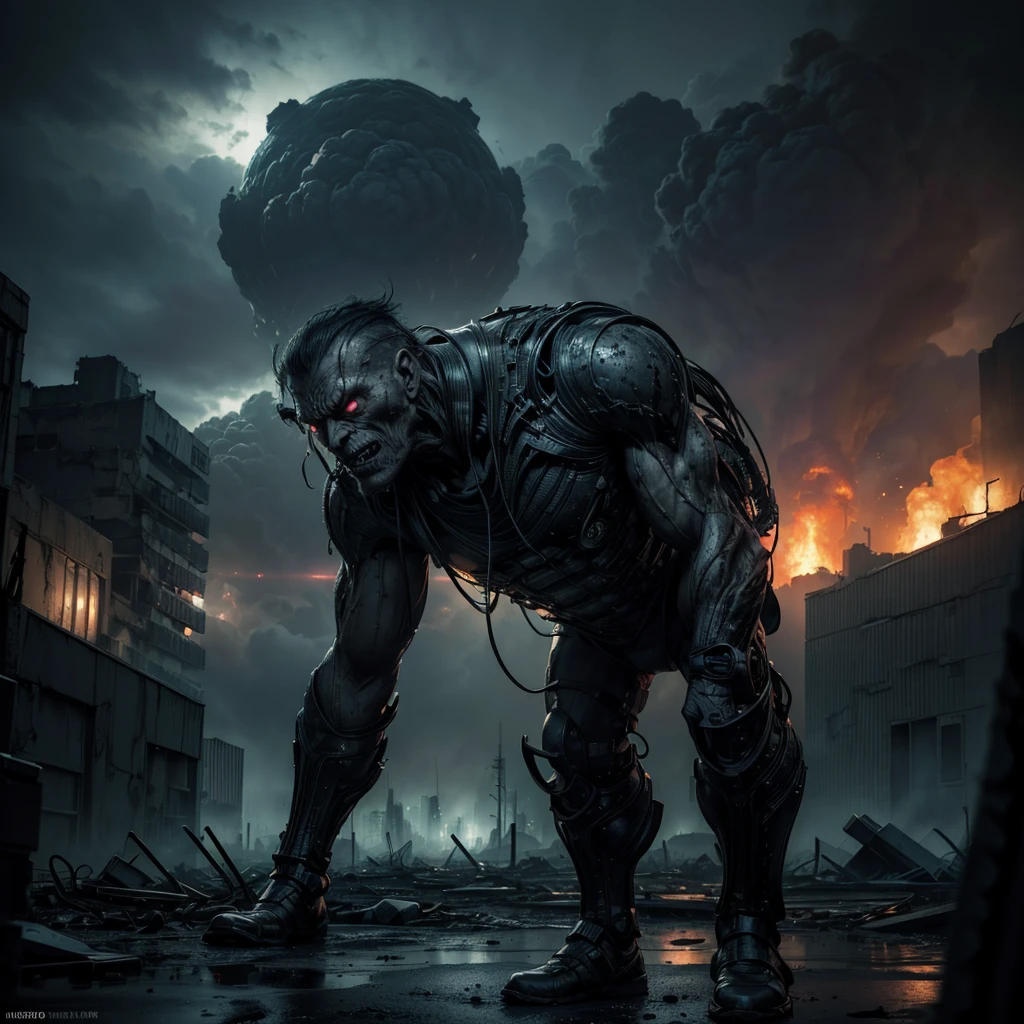 a mysterious man mutant due to radiation, destroyed city by atomic attack in the background, dark and sinister atmosphere, (best quality,4k,8k,highres,masterpiece:1.2),ultra-detailed,(realistic,photorealistic,photo-realistic:1.37),cinematic angle,dramatic lighting,moody lighting,dark and moody colors,gloomy,post-apocalyptic,concept art,digital art