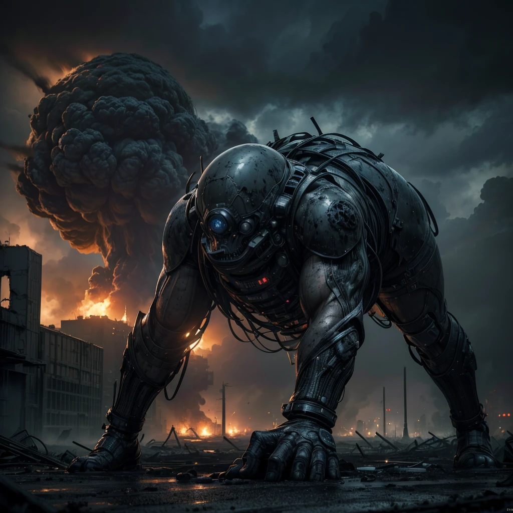 a mysterious man mutant due to radiation, destroyed city by atomic attack in the background, dark and sinister atmosphere, (best quality,4k,8k,highres,masterpiece:1.2),ultra-detailed,(realistic,photorealistic,photo-realistic:1.37),cinematic angle,dramatic lighting,moody lighting,dark and moody colors,gloomy,post-apocalyptic,concept art,digital art