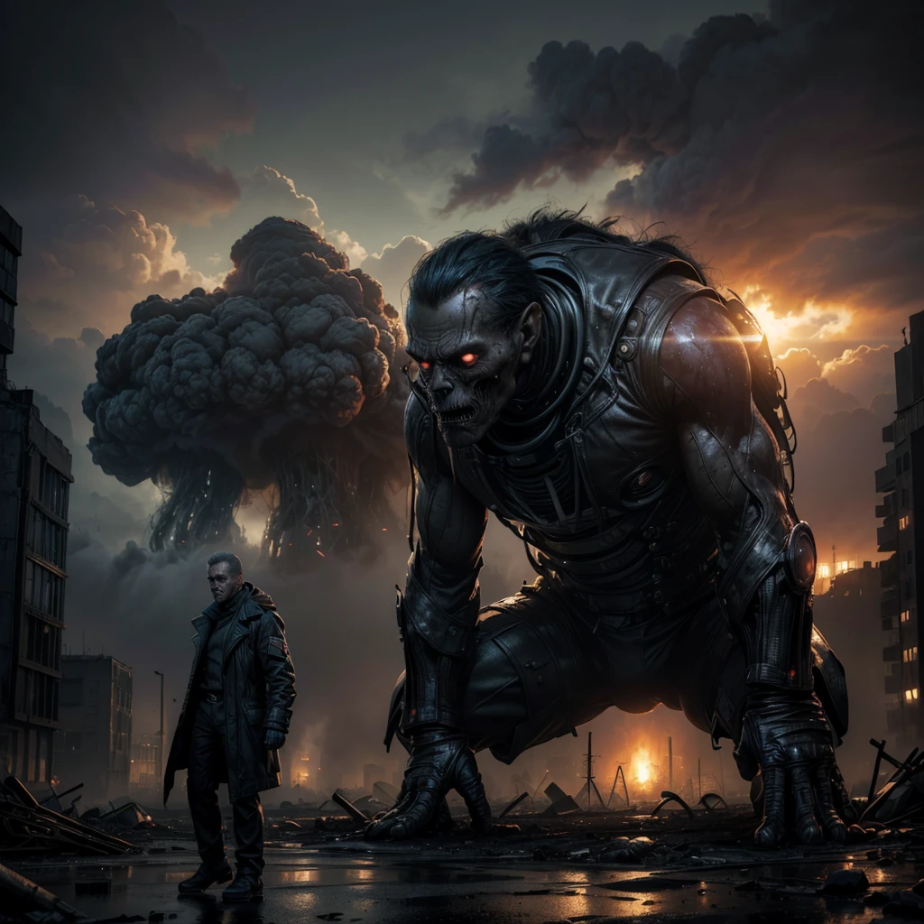 a mysterious man mutant due to radiation, destroyed city by atomic attack in the background, dark and sinister atmosphere, (best quality,4k,8k,highres,masterpiece:1.2),ultra-detailed,(realistic,photorealistic,photo-realistic:1.37),cinematic angle,dramatic lighting,moody lighting,dark and moody colors,gloomy,post-apocalyptic,concept art,digital art