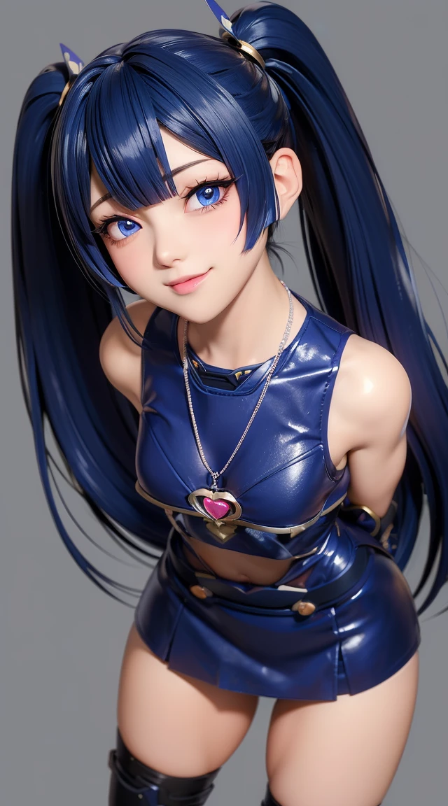 (masterpiece:1.3), (Best Quality:1.3), (Ultra-detailed:1.2), ((kawaii)), Cute, (lovely), ((sexy)), ((Extremely detailed)), 4K, (8K), Best Quality, (Beautiful), Illustration, anime style, (bold line:1.2), Gradation, looking at viewer, //, (bent down:1.1), (arms behind back), //, a cute girl, 1girl, (solo:1.2), gleaming skin, //, (flat chested), (Perfect eyes:1.2), (Perfect iris:1.2), //, darkblue hair color, (beautiful eyes) //, (half closed eyes:1.3), (sexual expression:1.2), Fascinated expression, smile, (blush:1.2), //, modern city background, on rock, twin tails, straight bangs, muscle girl, hard abs, exposed abs, NECKLACE, skirt, heavy armor suit, mecha musume, underboobs