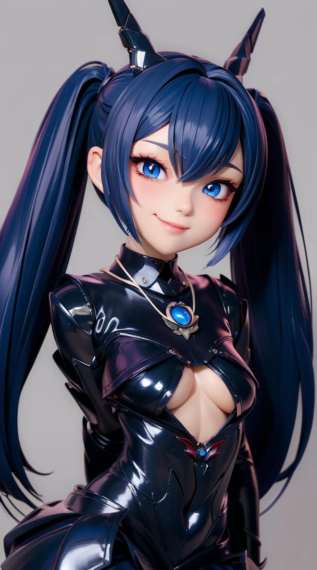  (masterpiece:1.3), (Best Quality:1.3), (Ultra-detailed:1.2), ((kawaii)), Cute, (lovely), ((sexy)), ((Extremely detailed)), 4K, (8K), Best Quality, (Beautiful), Illustration, anime style, (bold line:1.2), Gradation, looking at viewer, //, (bent down:1.1), (arms behind back), //, a cute girl, 1girl, (solo:1.2), gleaming skin, //, (flat chested), (Perfect eyes:1.2), (Perfect iris:1.2), //, darkblue hair color, (beautiful eyes) //, (half closed eyes:1.3), ( expression:1.2), Fascinated expression, smile, (blush:1.2), //, modern city background, on rock, twin tails, straight bangs, muscle girl, hard abs,  abs, NECKLACE, skirt, heavy armor suit, mecha musume, underboobs