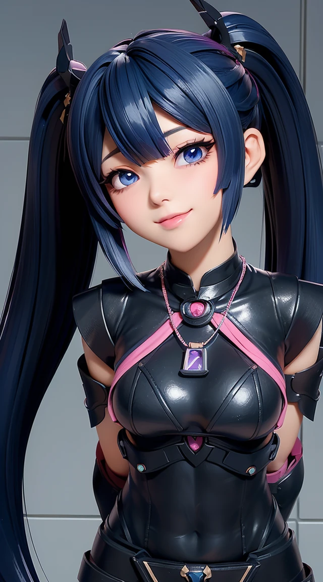(masterpiece:1.3), (Best Quality:1.3), (Ultra-detailed:1.2), ((kawaii)), Cute, (lovely), ((sexy)), ((Extremely detailed)), 4K, (8K), Best Quality, (Beautiful), Illustration, anime style, (bold line:1.2), Gradation, looking at viewer, //, (bent down:1.1), (arms behind back), //, a cute girl, 1girl, (solo:1.2), gleaming skin, //, (flat chested), (Perfect eyes:1.2), (Perfect iris:1.2), //, darkblue hair color, (beautiful eyes) //, (half closed eyes:1.3), (sexual expression:1.2), Fascinated expression, smile, (blush:1.2), //, modern city background, on rock, twin tails, straight bangs, muscle girl, hard abs, exposed abs, NECKLACE, skirt, heavy armor suit, mecha musume, underboobs