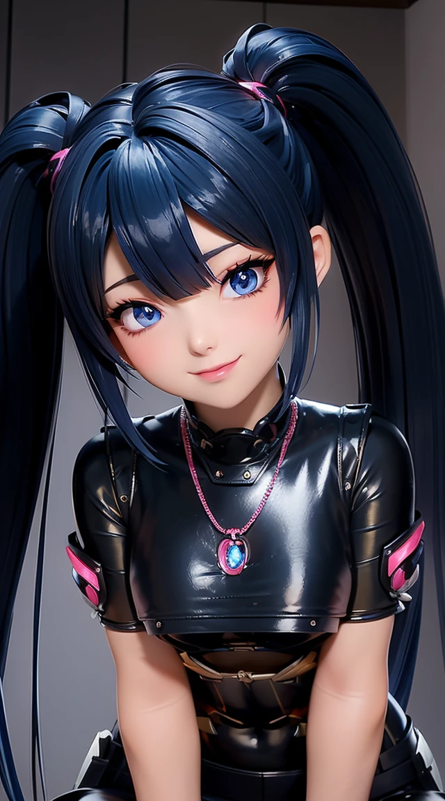 (masterpiece:1.3), (Best Quality:1.3), (Ultra-detailed:1.2), ((kawaii)), Cute, (lovely), ((sexy)), ((Extremely detailed)), 4K, (8K), Best Quality, (Beautiful), Illustration, anime style, (bold line:1.2), Gradation, looking at viewer, //, (bent down:1.1), (arms behind back), //, a cute girl, 1girl, (solo:1.2), gleaming skin, //, (flat chested), (Perfect eyes:1.2), (Perfect iris:1.2), //, darkblue hair color, (beautiful eyes) //, (half closed eyes:1.3), (sexual expression:1.2), Fascinated expression, smile, (blush:1.2), //, modern city background, on rock, twin tails, straight bangs, muscle girl, hard abs, exposed abs, NECKLACE, skirt, heavy armor suit, mecha musume, underboobs