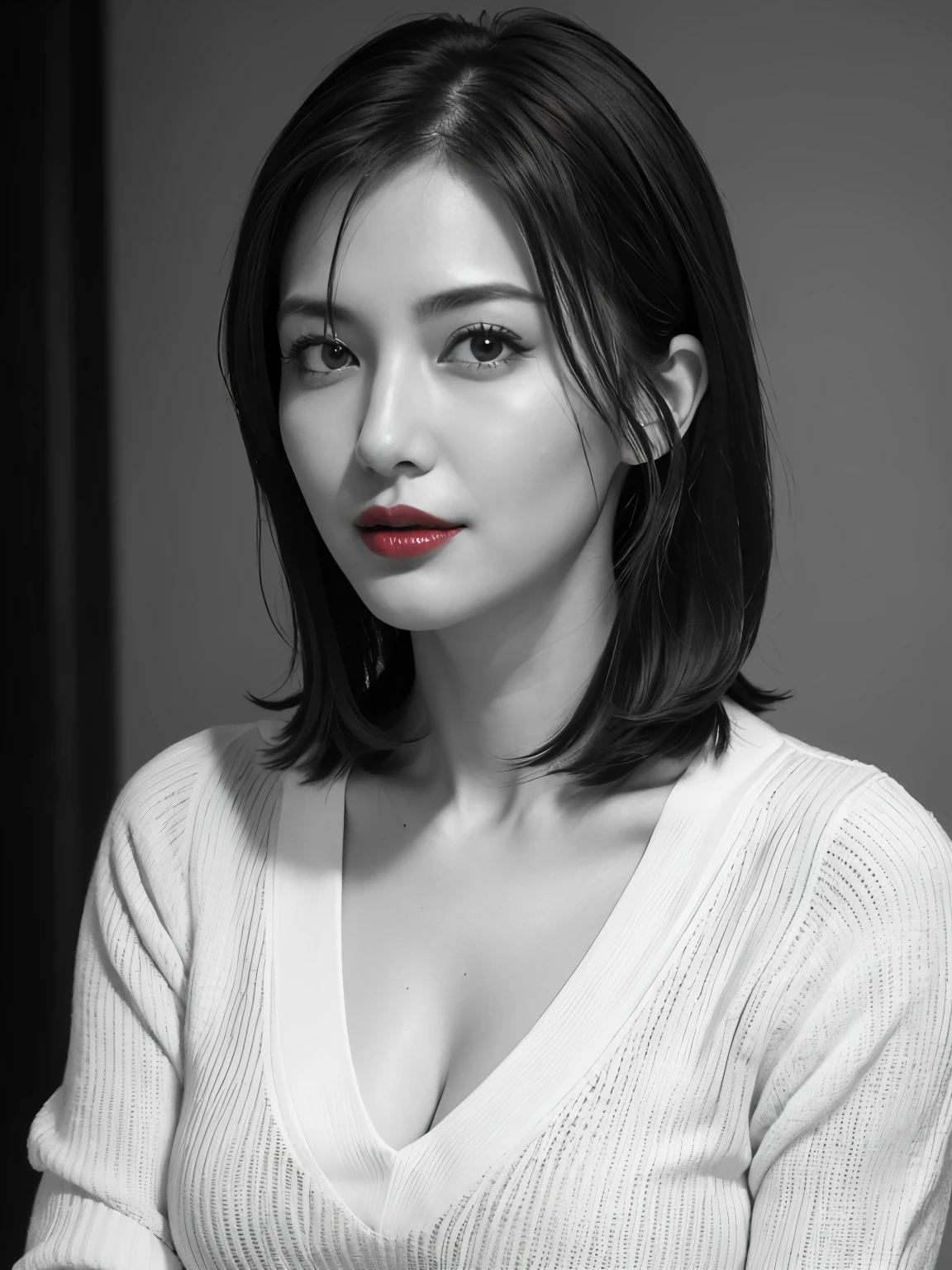 Tabletop, Highest quality, Realistic, Very detailed, finely, High resolution, 8k wallpaper, RAW Photos, Professional, High level of detail, 1 Girl, ((((Black and white photography)))), (((Red lips))), ((Looking into the camera)), (((Look forward))), Upper Body, Bob Hair, (Straight hair), Shapely breasts, Cleavage, V-neck light knit sweater