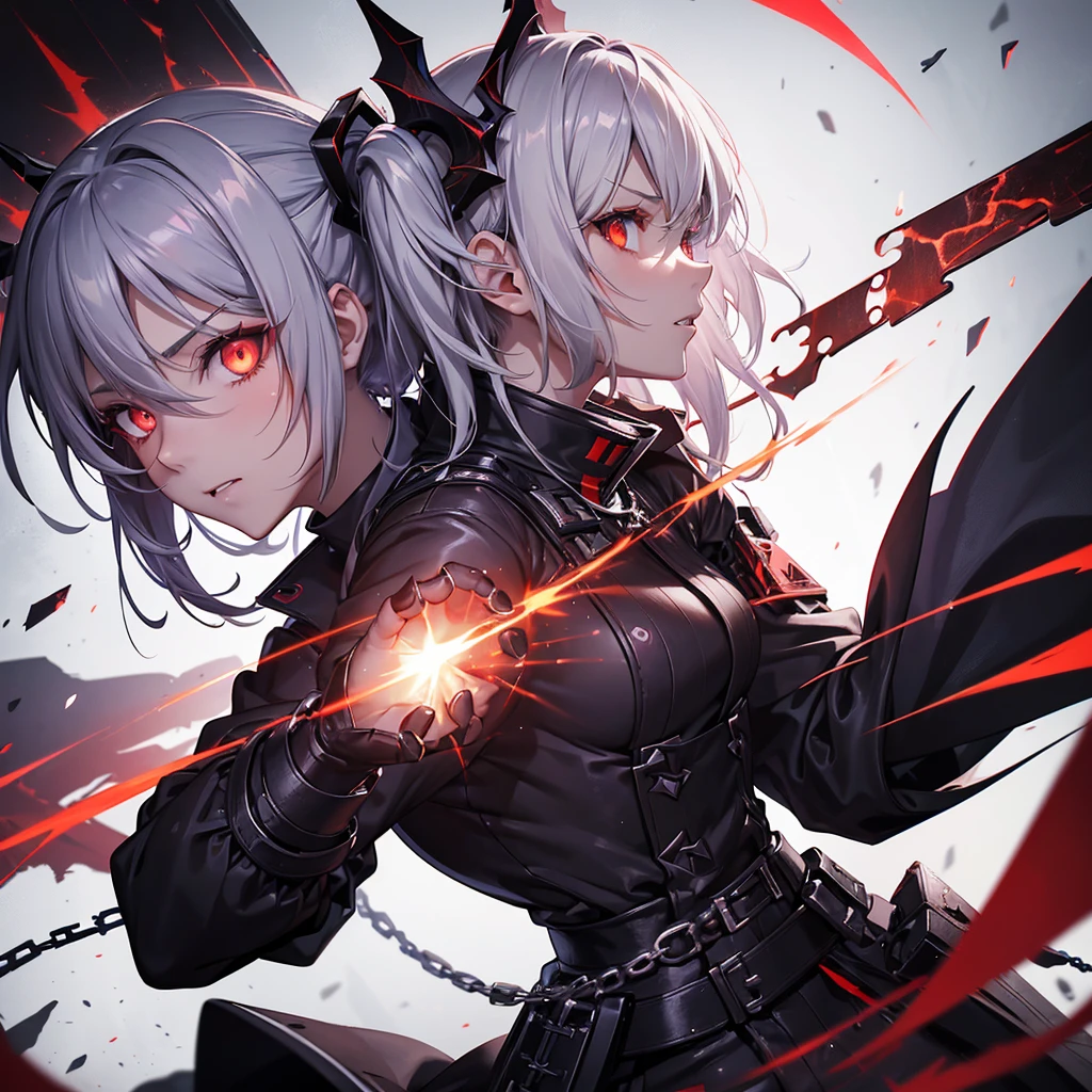 a close up of a person in chains, pixiv contest winner, self-destructive art, glowing red eyes, discord profile picture, dark scheme, wojtek fus, gothcore, profile picture, arknights, ufotable, rage. hyper detailed, profile picture, girl with white eyes, puzzles, ultra detailed-i, 2 b, evil pose