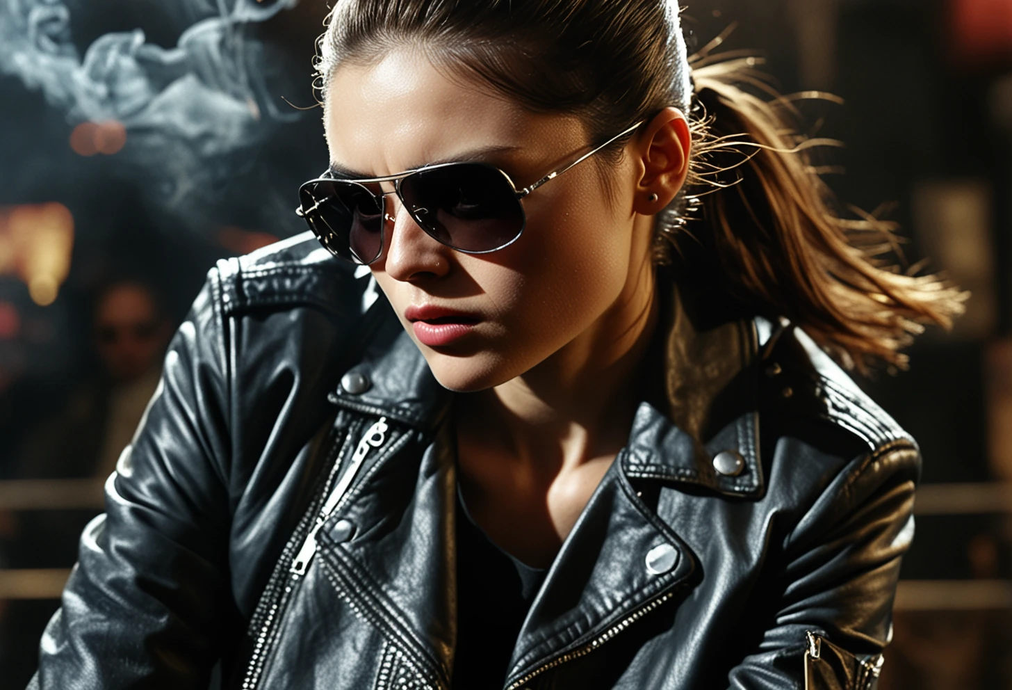 The image features a close-up profile photo from high angle above of a woman wearing sunglasses and a leather jacket. The woman is looking down at something. The sunglasses are dark and the woman's face is partially obscured by them. The background of the image is dark and smoky, which adds to the overall mood of the scene. The woman's attire, including the leather jacket, suggests that he might be in a professional or high-stakes environment. 1girl, female focus, solo, sunglasses, jacket, leather jacket