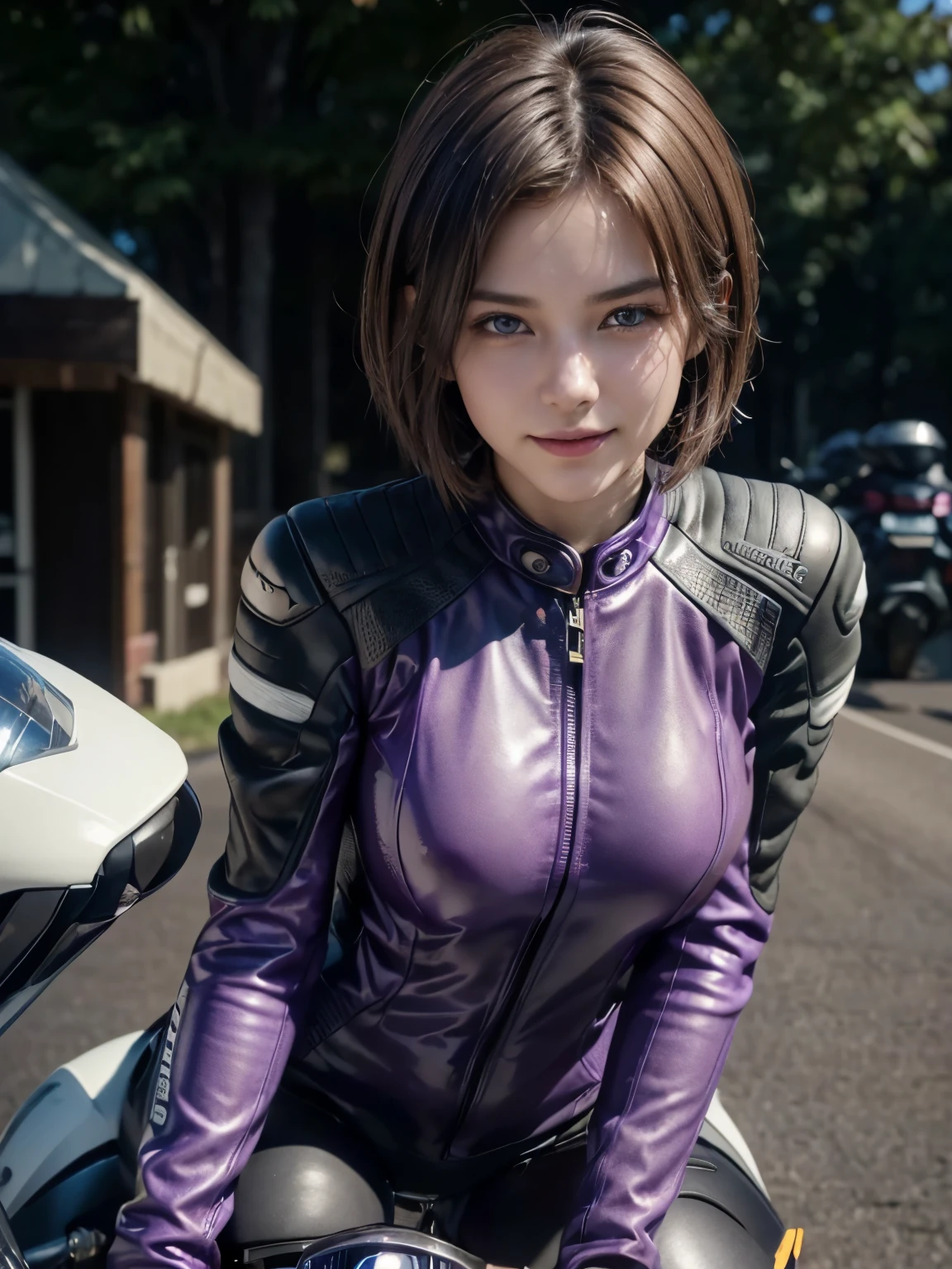 (8K, Highest quality photo quality:1.3), so beautiful, .3d, Brown Hair、Very Short Hair, blue eyes, (Abdominal muscles, Slim figure: 1.1), Sharp focus, (((Intricate details)), Beautiful and delicate lips, Beautiful and delicate nose, Beautiful and delicate face, Beautiful and delicate eyes, ((Realisticなしっとりと白い肌)), (Realistic, Realistic), Cinematic Light, Face Light, Attractive long limbs, smile, (((Detailed Motorcycle)))、(((Riding a motorcycle)))、Full Body Shot、Purple fitted long sleeve racing leather suit