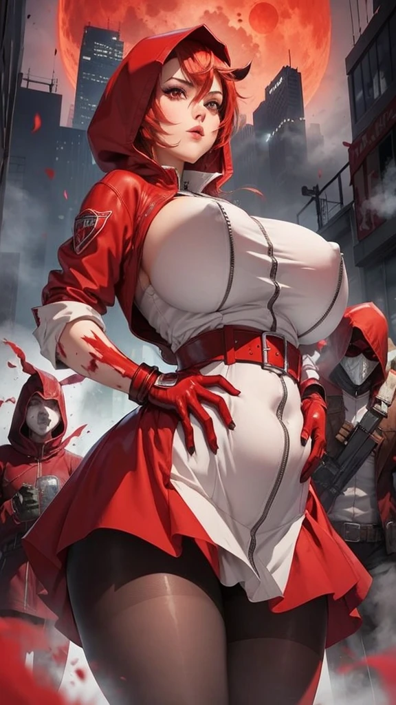 city, blood fog, ((huge boobs)), ((huge hips)), woman, zip shirts, , pantyhose, red hood, belts, gloves, fog, strong stance, blood moon, blood angel 
