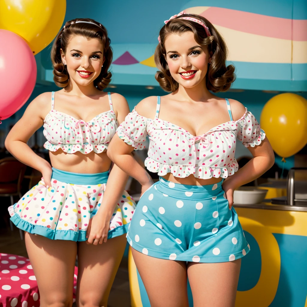 photo brunette pinup holding giant birthday cake pinup beautiful smile beautiful cafe retro bright light colors pastel mini skirt with polka dots posing in pinup style sexy