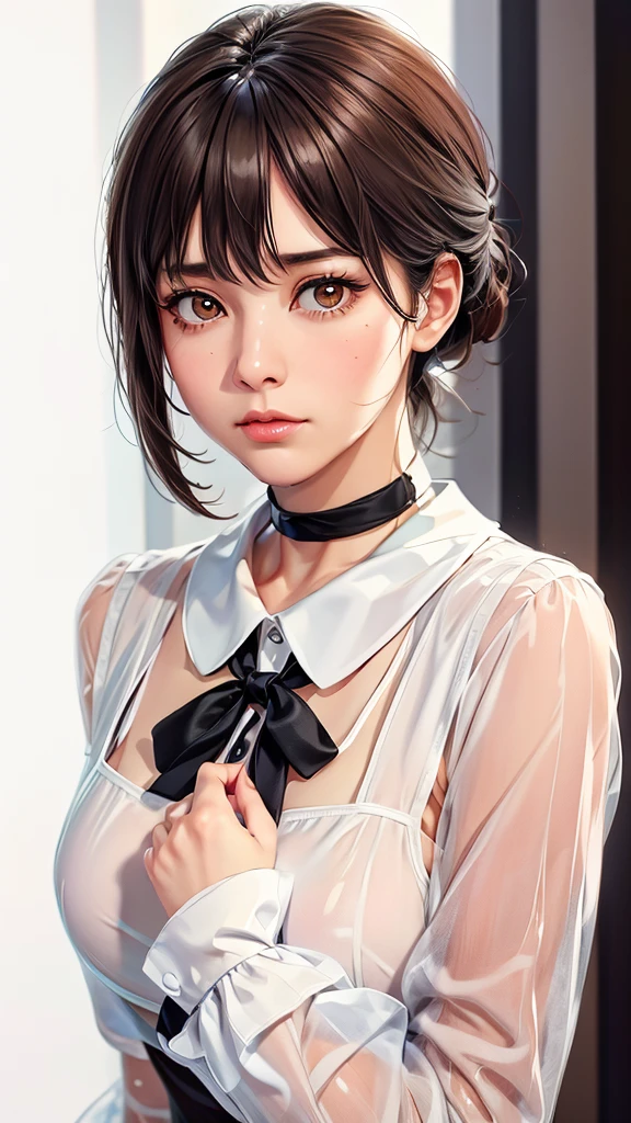 (（（Perfect body,White and tender skin,（（（black dress, pinafore dress, sleeveless dress, white shirt, black ribbon, neck ribbon, long sleeves, black choker，）））,（（（Kobeni Higashiyama, black hair, hair ornament, hairclip, ponytail, short hair, (brown eyes:1.5),）））,((masterpiece)),highres,((Best quality at best)),masterpiece,quality,Best quality,(（（ Exquisite facial features,Looking at the audience,There is light in the eyes,(（（frown，Wronged））），Look up）））,（（（Light and shadow,Huge breasts,）））,（（（Looking at the camera,White background)））)