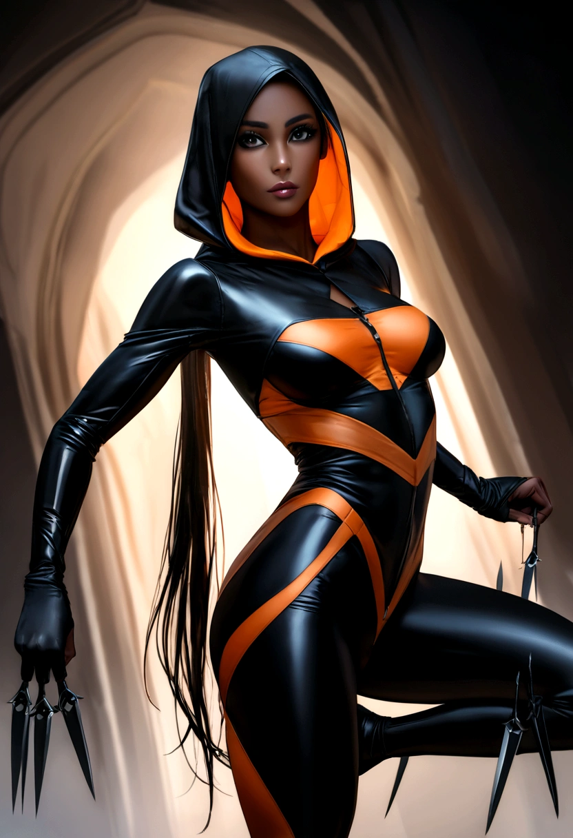 lean, agile female with long flowing black hair, Dark tan skin complexion, bright black eyes, aesthetic, and high cheekbones. She excels as a master of disguise, an exceptional acrobat, and an expert with throwing knives, with skills in stealth and silent movement. Her costume includes a black bodysuit with orange patterns mimicking flowing smoke, a sleek black mask covering the lower half of her face, a black hood with an orange lining, and a set of throwing knives and a collapsible staff in black and orange. Geographic Data in Detailed Hyper-Realism Photoshoot Style