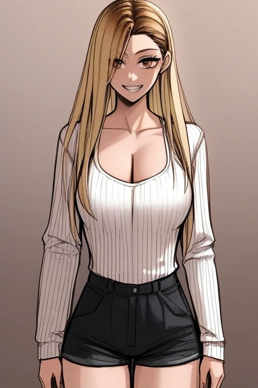 score_9, score_8_Excellent, score_7_Excellent, Hello、he, Brown eyes, blonde, Multicolored Hair, Long Hair,Long sleeves Round neck,White ribbed camisole、Black shorts、Are standing,Big Breasts、One Girl、smile、whole body