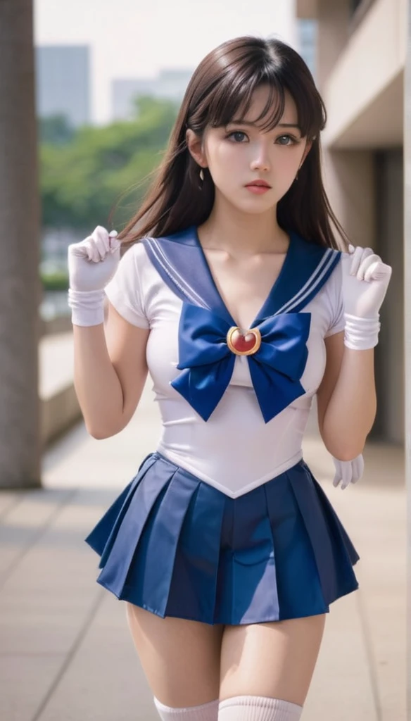 (best quality, high quality, realistic, photo realistic),1girl, sailor senshi unifoem, {{gloves, boots}}, bow, brooch,pleated , magical girl, earrings, long hair, , , large_breasts, korean idol, holding wand, wand, wand effect,agic effect, standing, crossed legs,