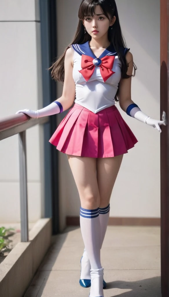 (best quality, high quality, realistic, photo realistic),1girl, sailor senshi unifoem, {{gloves, boots}}, bow, brooch,pleated miniskirt, magical girl, earrings, long hair, nsfw, latex, large_breasts, korean idol, holding wand, wand, wand effect,agic effect, standing, crossed legs,