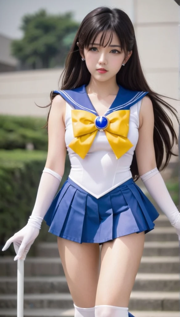 (best quality, high quality, realistic, photo realistic),1girl, sailor senshi unifoem, {{gloves, boots}}, bow, brooch,pleated miniskirt, magical girl, earrings, long hair, nsfw, latex, large_breasts, korean idol, holding wand, wand, wand effect,agic effect, standing, crossed legs,