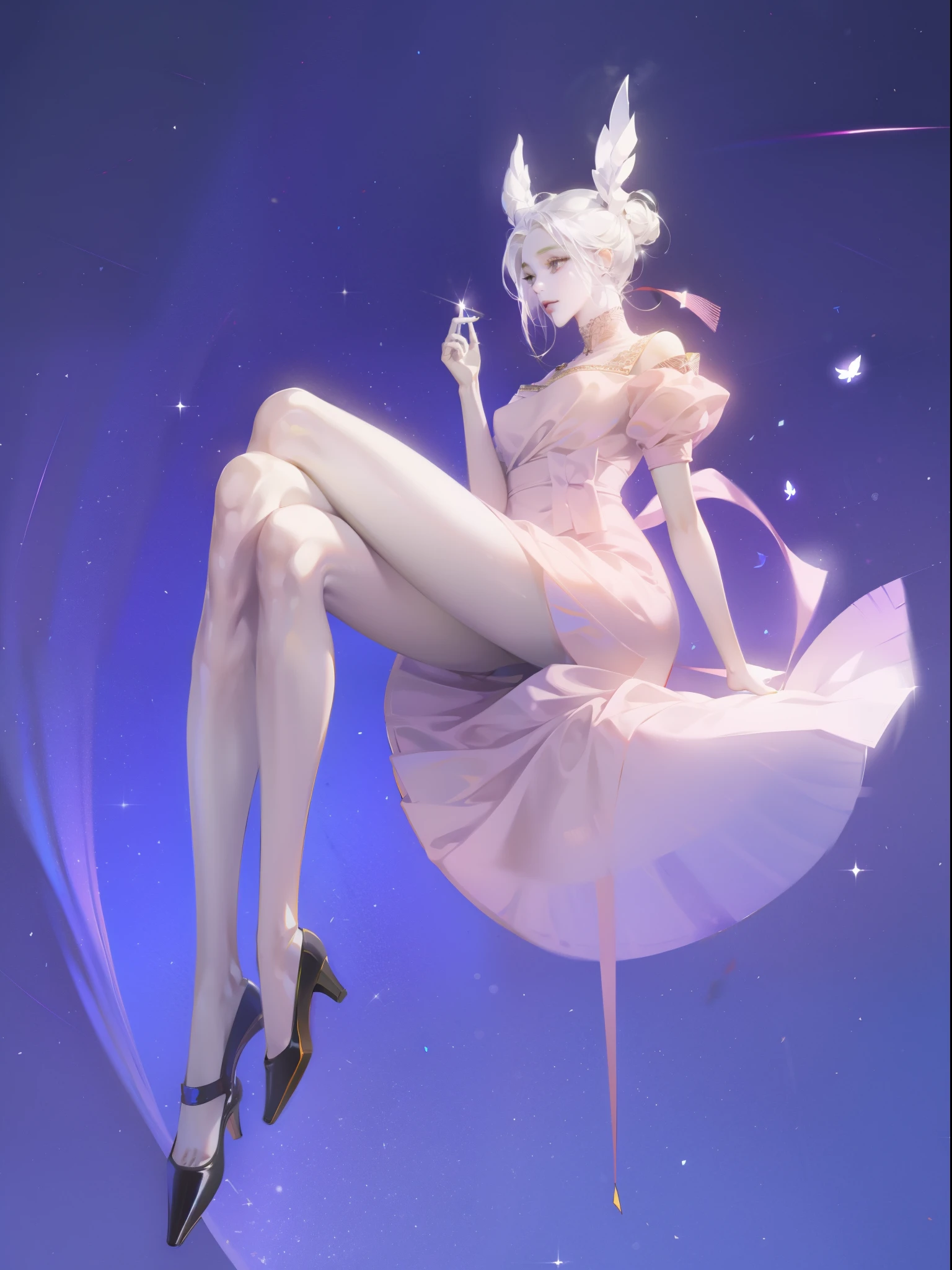 1 girl，Shimizu，Blue Butterfly，Pure white gauze skirt，shiny，Sitting in the air
