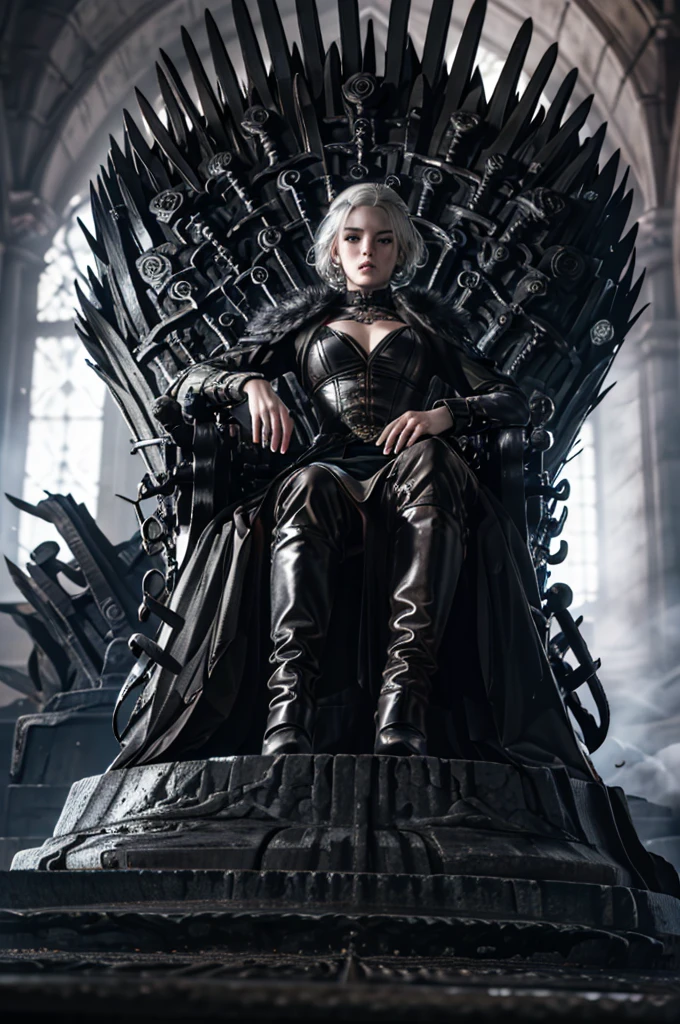 (8k, RAW photo, highly detailed,masterpiece, highest quality),rich colors,high contrast,film still,full shot body photo of the most beautiful artwork in the world,cinematic light,fantasy,white hair,(detailed face),(1girl:1.1),huge skirt,black dress,everywhere black roses,black rose,flowers,black flowers,the black cloud,exterior,depth of field,top view angle,xuer Iron Throne,perfect hand,absurdres,