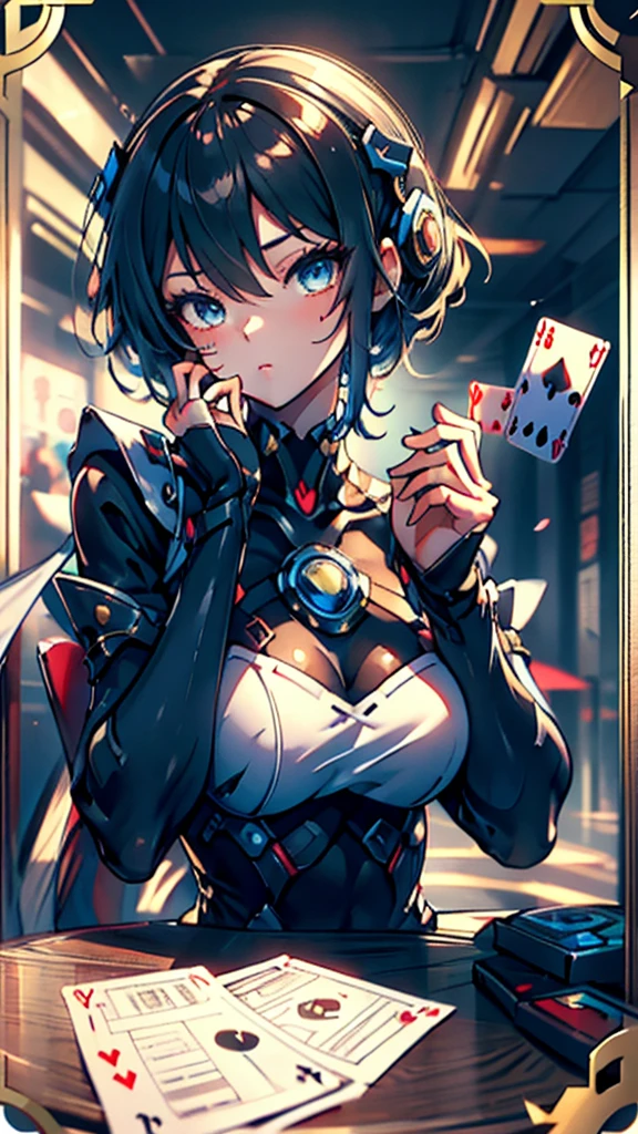 Cards，There are many cards floating in the sky，Girl holding cards，Girl holding a card，Big butt，Wide hips，Big Ass，Fantasy style，Magic Style，Sci-fi style，Sci-fi style与Magic Style，A girl holding a card with many cards floating behind her，Girl holding a card between two fingers，Girl holding cards，Correct human body structure，Correct body proportions，Girl holding a card，Girl holding cards，The girl holds a card in her hand，Street background，现代Street background，现代都市Street background，Magic Style的背景，Modern urban background，Cards floating in the sky，Cards floating in the background，Upper body close-up，Close-up above the waist，背景中有很多Cards floating in the air，Cards floating in the air，Tarot cards floating in the air