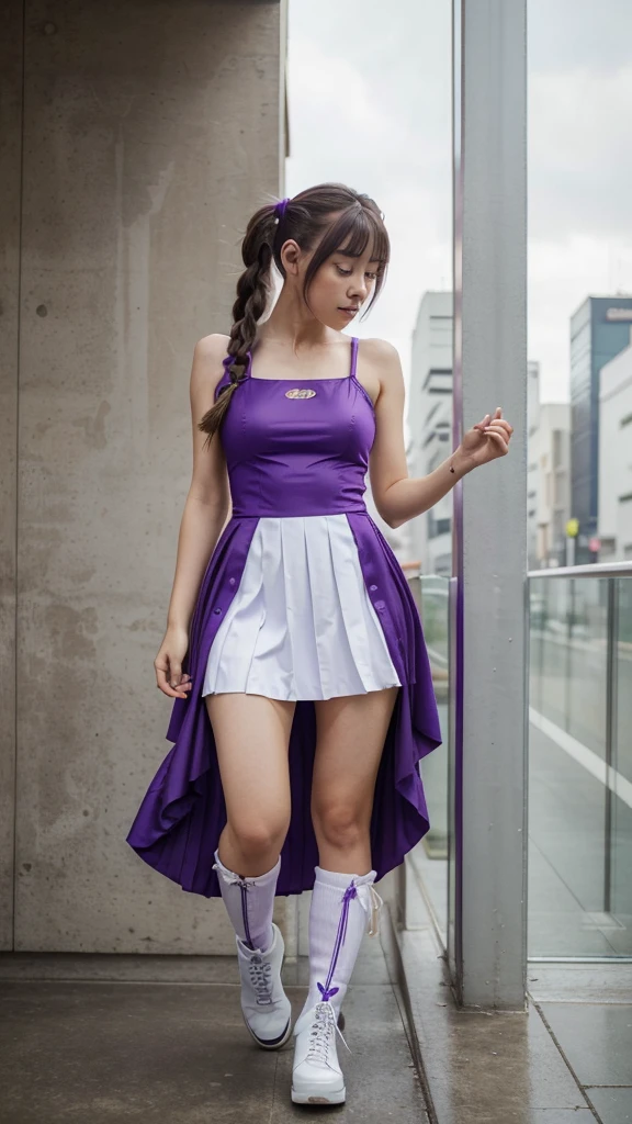 ((masterpiece, best quality))1girl, solo, fashion purple dress modern future, electric guitar, headphones, ponytail, holding, holding plectrum, instrument, very very long brown hair, music, one side up, teal hair, twin tails, playing guiter, pleated long skirt fashion, fashion cosplay japan dress modern purple and white, interior, full body, purple, sit down in retro classic chair, walking, jumping, beautiful boot modern, background japan city, fashion costume cosplay japan modern, execited, dancing, jumping, running, fighting, having lunch