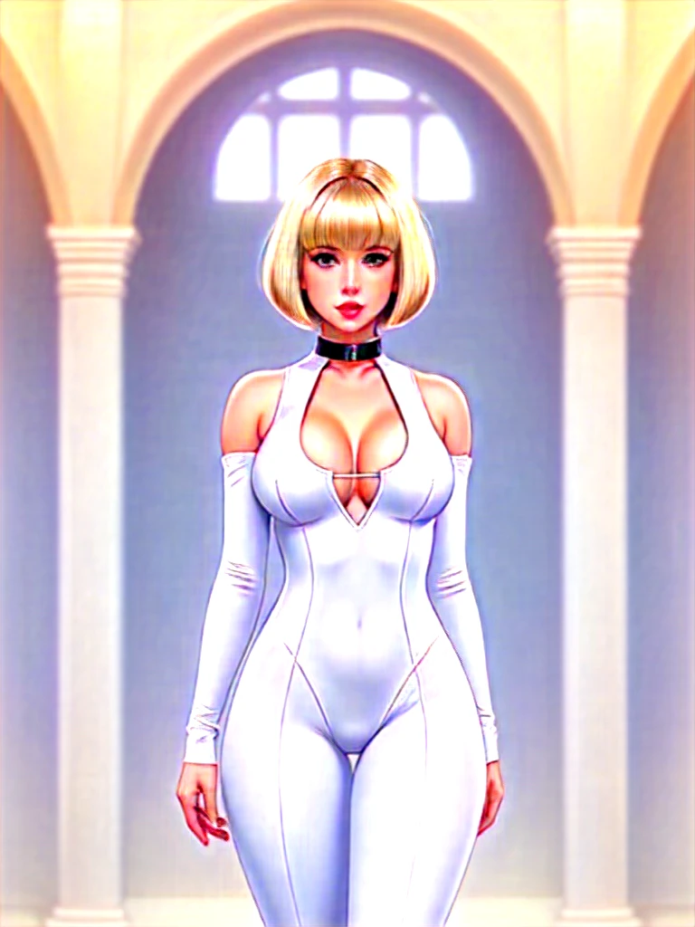 masterpiece, white bodysuit, full body shot, cleavage, gorgeous woman, clone, barcode, blonde, slave collar, 1girl, bobcut