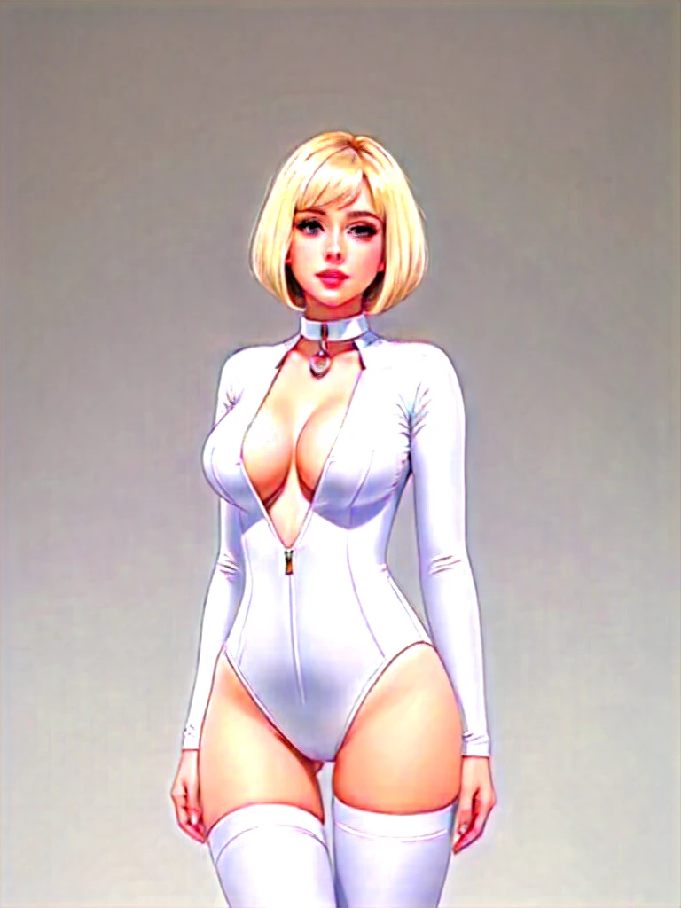 masterpiece, white ????????, full body shot, cleavage, gorgeous woman, clone, barcode, blonde, slave collar, 1girl, bobcut